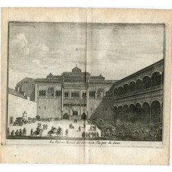 Siviglia. Il Palazzo Reale di Siviglia visto dall'alto. Incisione di Pieter Van der Aa, 1715. Álvarez de Colmenar