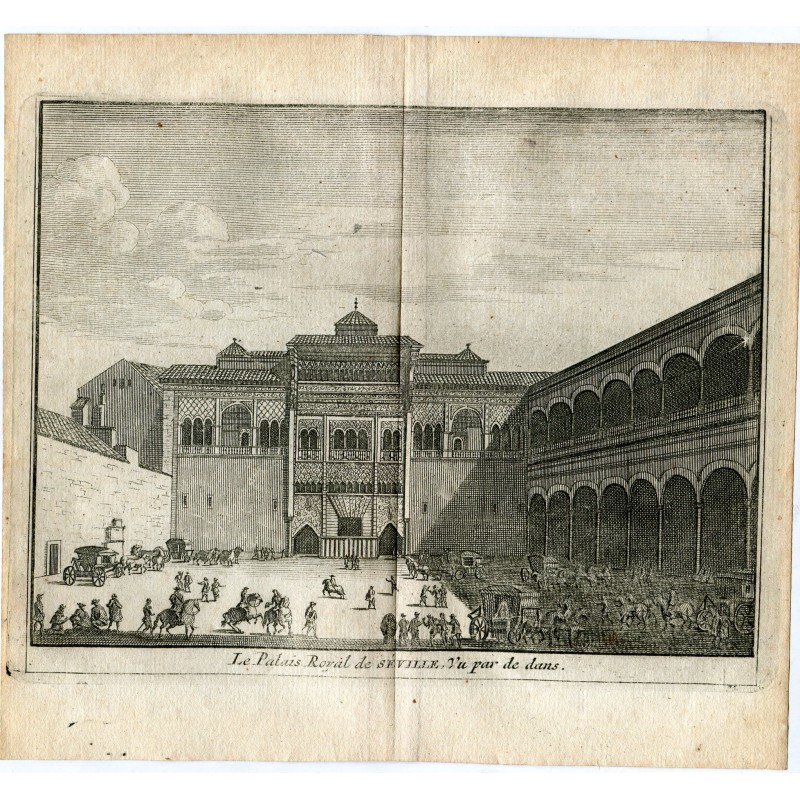 Seville. The Royal Palace of Seville seen from above. Engraving by Pieter Van der Aa, 1715. Alvarez de Colmenar