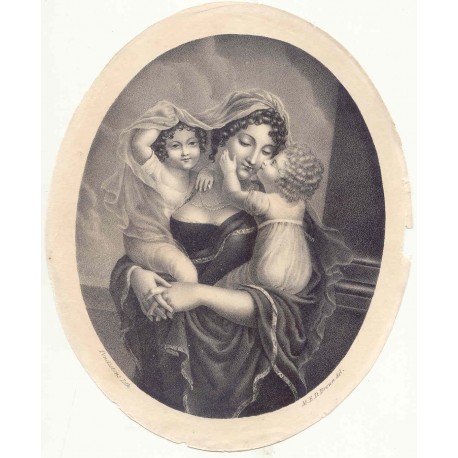 «Joven con dos niños» Dibujó M.E.D. Brown. Litografió Pendletons.