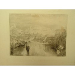 Ansicht des Tiber mit Triumphbrücke (Rom, Italien), nach Turner. Antike Gravur, 1878