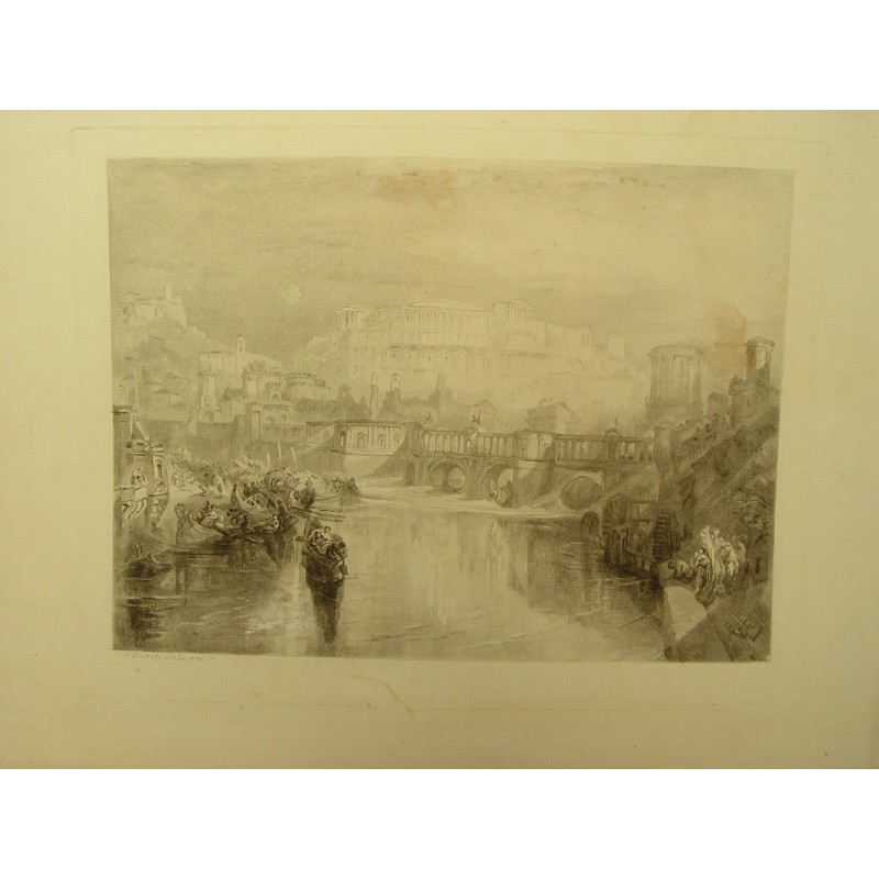 Vue du Tibre et du Pont triomphal (Rome, Italie), d'après Turner. Gravure ancienne, 1878.