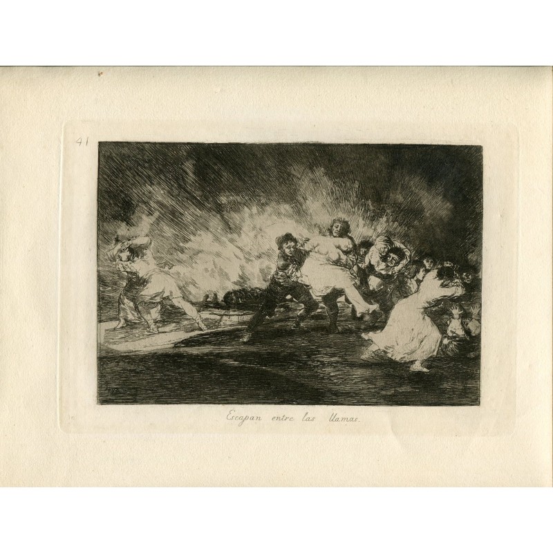 Goya etching. Disasters of War, the First Edition, 1863. Plate 41 'They escape through the flames'.