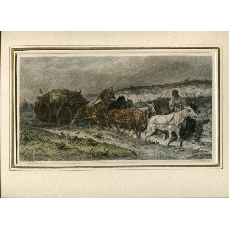 On the road of Wallachia (Romania). Antique engraving after Schreyer
