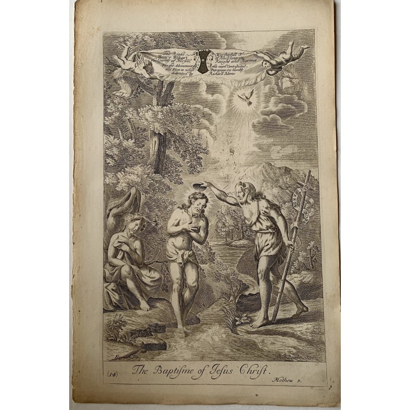 Il battesimo di Cristo. Incisione su acciaio da G. Freman, XVII secolo.