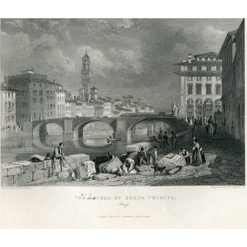 The Bridge of Santa Trinita. After J.D. Harding. Engraved by J. Redaway (1832)