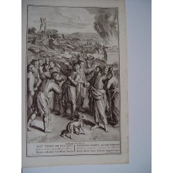 «Gedeon vuelve al altar de Bahal» Grabado bíblico original por Gerard Hoet (1648-1733) grabado por Pierre Sluiter
