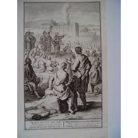 «Moses explains promulgates the law» Grabado bíblico original por Gerard Hoet (1648-1733), grabado por J. van Vianen.