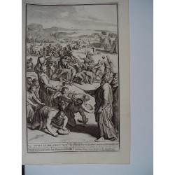 The israelitas gather manna in the Wildernesse. Grabado bíblico original por Gerard Hoet (1648-1733), grabado por J. Mulder.