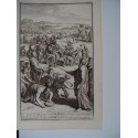 The israelitas gather manna in the Wildernesse. Grabado bíblico original por Gerard Hoet (1648-1733), grabado por J. Mulder.