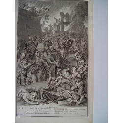 Jerusalen burn. t by Nebular adan. Grabado bíblico original por Gerard Hoet (1648-1733).
