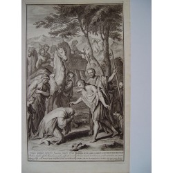 «Rebecca allume le chameau et se cuivre avec un voile». Gravure biblique originale de Gérard Hoet (1648-1733).