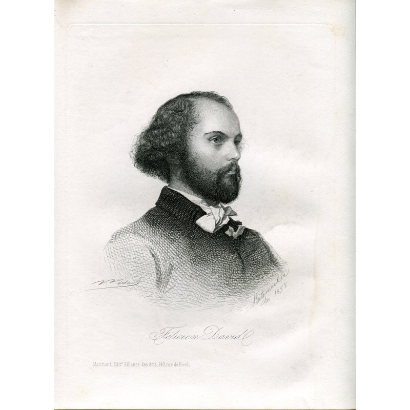 Portrait. Felicien David. Engraved by Metzmacher and drawn by Vincent Vidal in 1858.