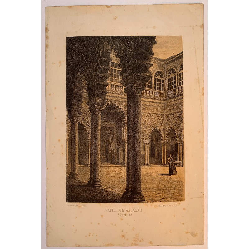Cour de l'Alcazar royal de Séville - Lithographie ancienne