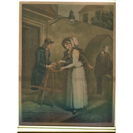 A knifer grinder speaking to two woman who hand him a pair of scissors. Grabado coloreado por G. Vendromini, obra de F. Wheatley