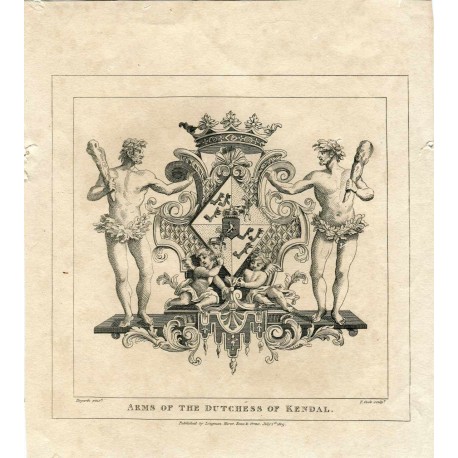 Grabado «Arms of the Dutchess of Kendal» grabdo por T. Cook sobre obra de Hogarth