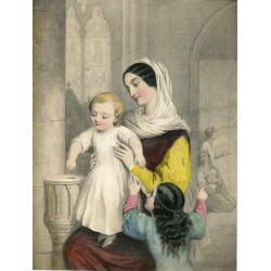 «Madre con niños» Litografía coloreada antigua