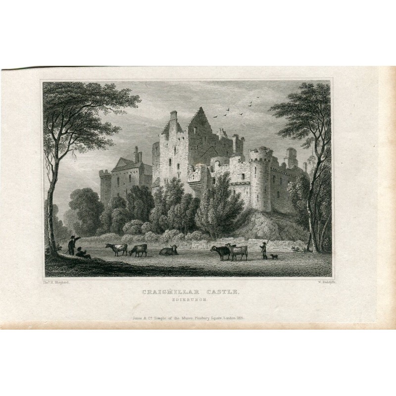 Écosse. Château de Craighmillas à Édimbourg, gravé par W. Radcliffe en 1831.