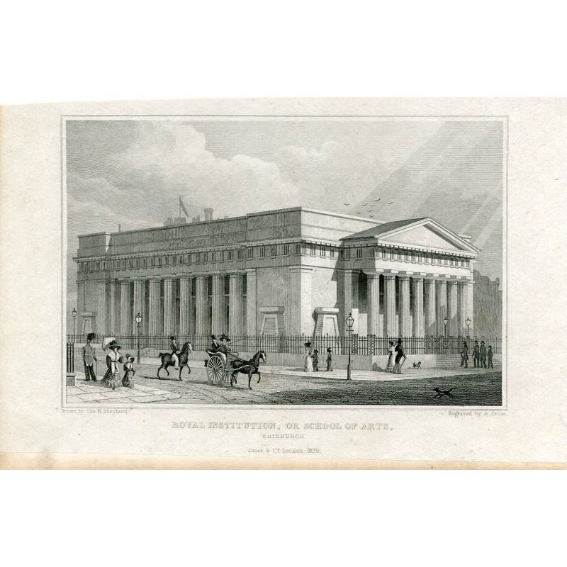 Scozia. Royal Institution o School of Arts, incisione di A. Cruse. Disegnata da Thomas H. Shepherd.