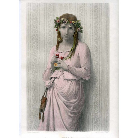 Ophelia' Grabado coloured por C.A. Deblois sobre obra de J. Bertrand