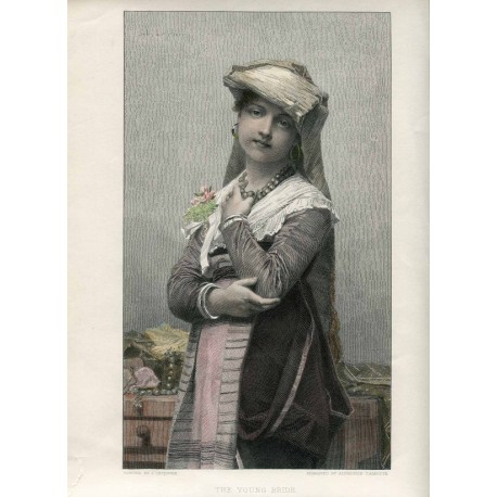 The young bride' grabado coloured por Alphonse Lamotte sobre obra de Jules Lefevre en 1880