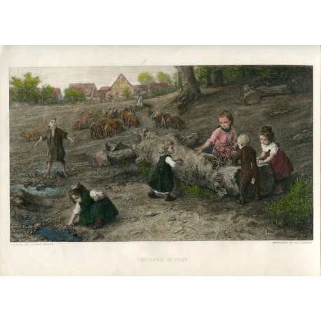 Children at play' grabado por Th. Lander sobre obra de Ludwig Knaus en 1873