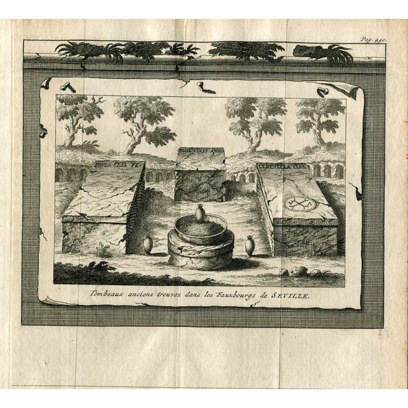 Seville. Ancient tombs found in the Fauxburgs. Engraving by Pieter Van der Aa, 1707.