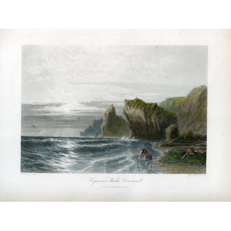 Inglaterra. Cornwall 'Kimance Rocks' grabado por S. Bradshaw sobre obra de J.L. Logford
