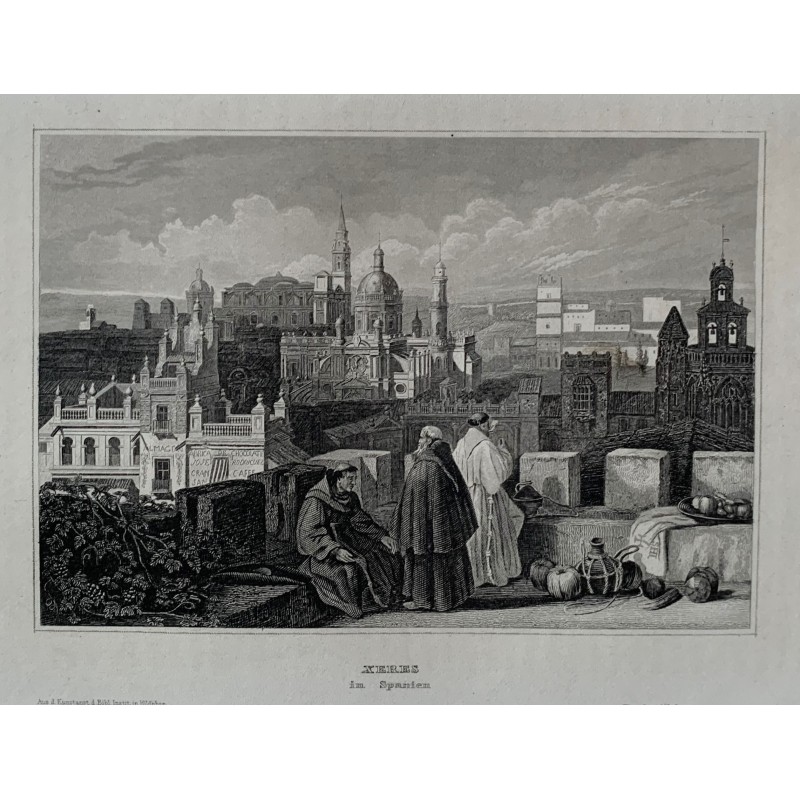 Veduta generale di Jerez, Cadice - Incisione antica