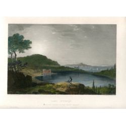 Italia. Pozzuoli. Lake Avernus. grabado en 1851 por J.C. Bentley sobre obra de R. Wilson