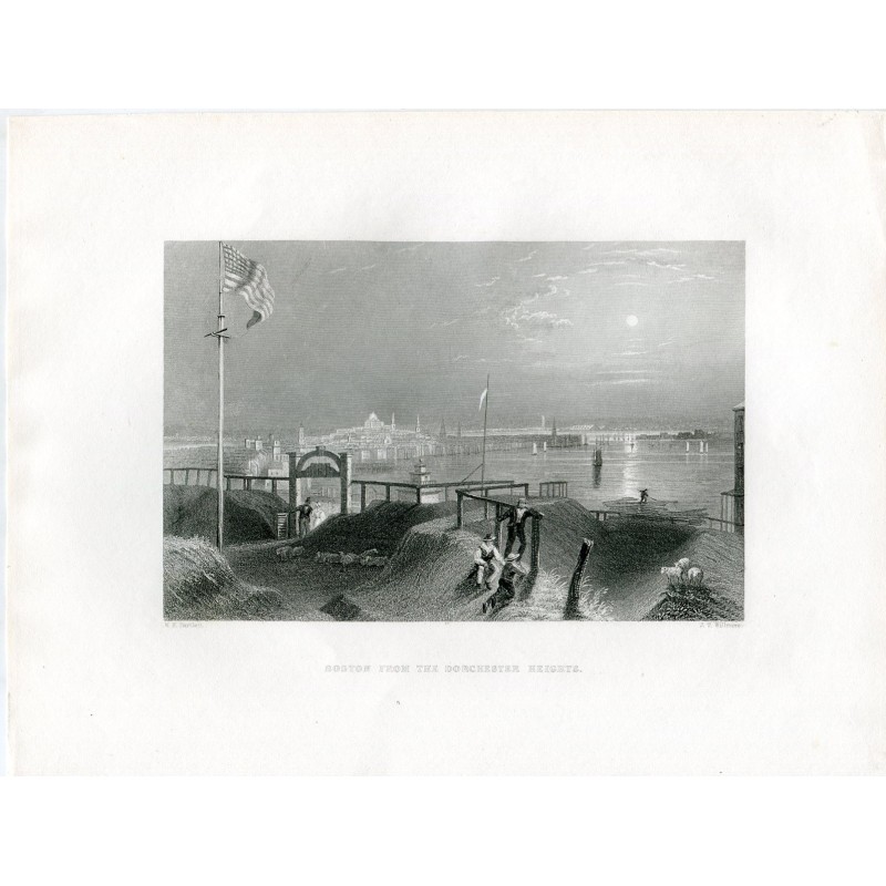 Boston dalle Dorchester Heights - Antica incisione su acciaio (c.1840)
