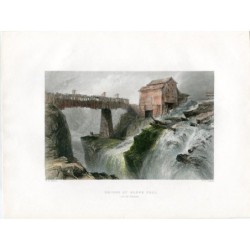 Glens Falls, New York - View of a Wooden Bridge over the Hudson - 1840 engraving