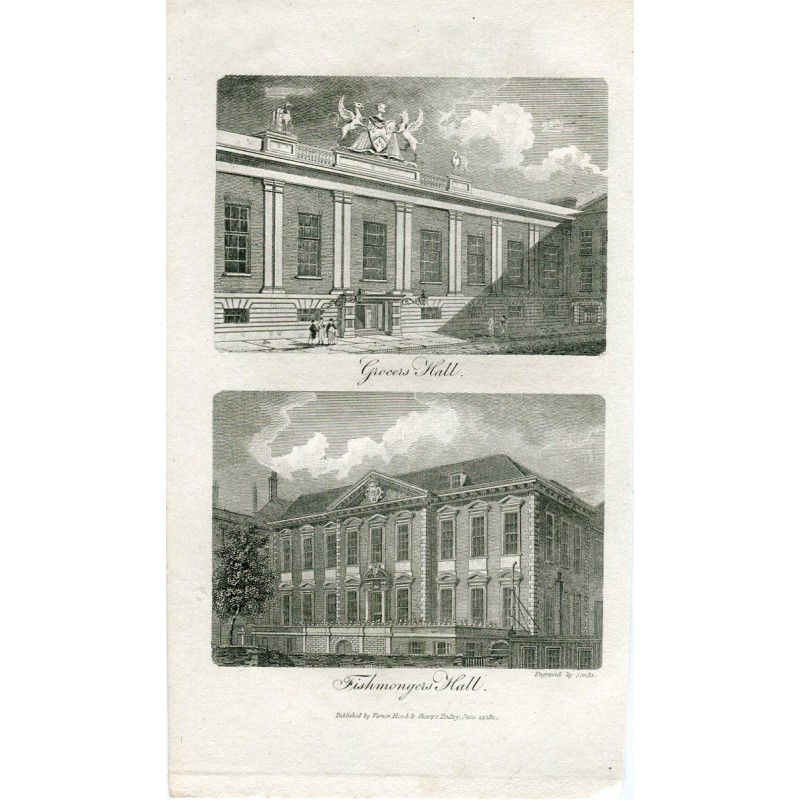 Angleterre. Grocers Hall et Fishmonger's Hall, gravés par Sands en 1811.