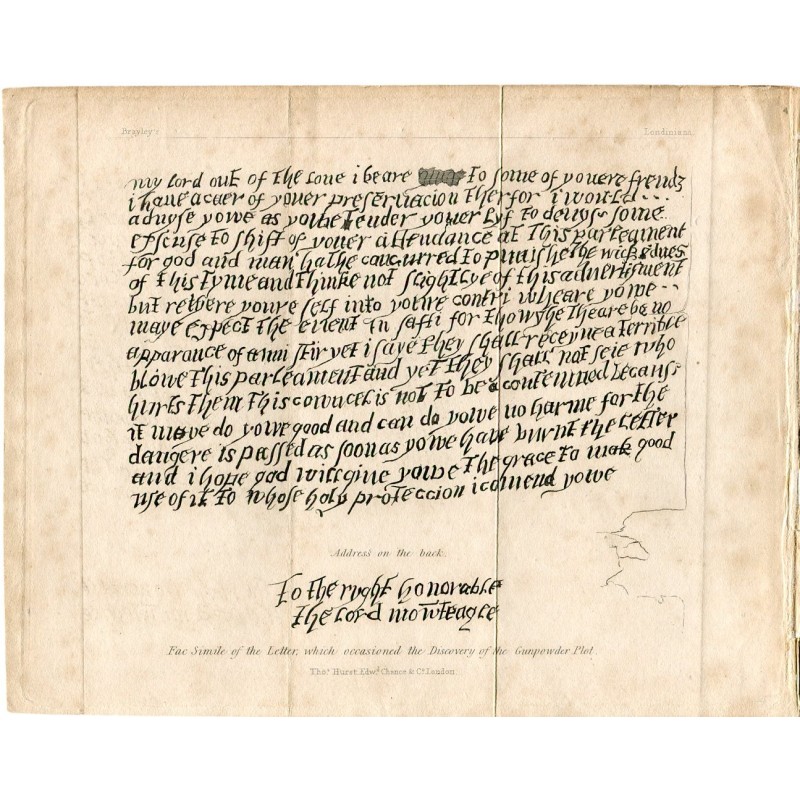 Faksimile des Briefes, der zur Aufdeckung der Pulververschwörung führte