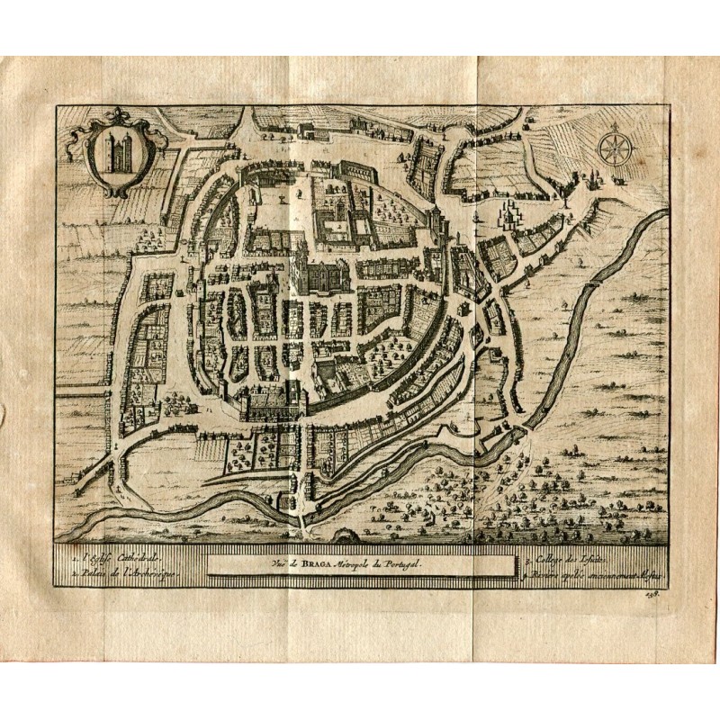Portugal. Blick auf Braga. Metropole von Portugal, Stich 1715 von Alvarez de Colmenar