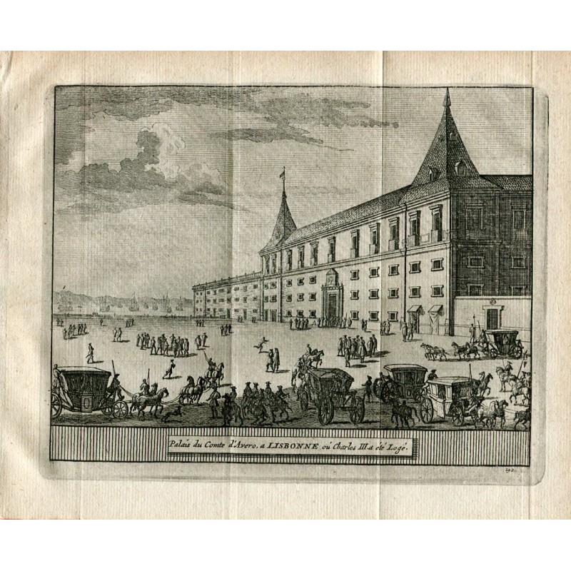 Portugal. Palais du comte d'Avero à Lisbonne ou Charles III à cette Loge gravé en 1715 par Alvarez de Colmenar.